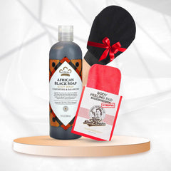 باقة تقشير الجسم المكثف – ليفة مومز باث الكورية + غسول صابون أفريقي + ليفة كورية هدية