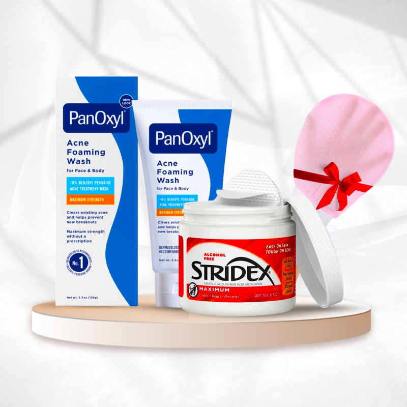 مجموعة علاج حب الشباب القوي – غسول PanOxyl 10  + مسحات Stridex لتقشير البشرة + هدية الليفة الكورية