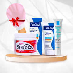 مجموعة علاج حب الشباب – غسول  10 PanOxyl + كريم Effaclar Duo + مسحات Stridex + هدية الليفة الكورية