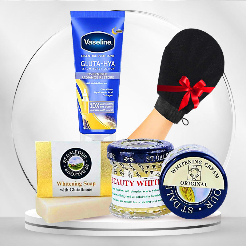 باقة تفتيح البشرة ومعالجة التصبغات – كريم دالفور ولوشن فازلين الأزرق Gluta-Hya Dewy Radiance وصابون دالفور للتفتيح